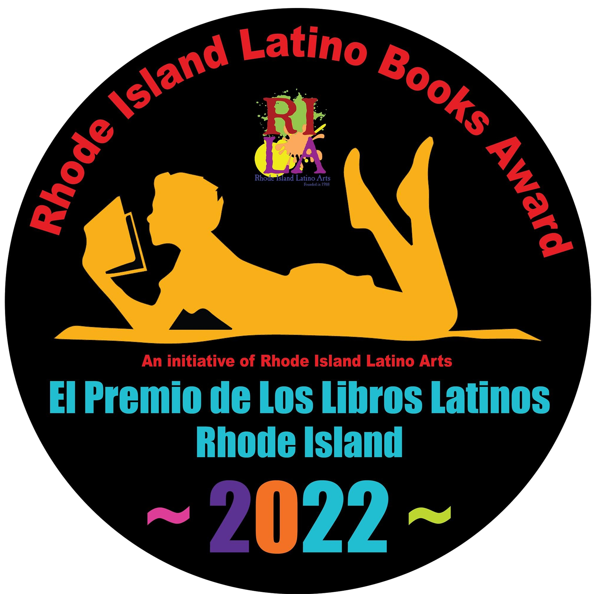 Rhode Island Latino Books Award logo, featuring an illustration of someone lying on the ground reading a book.