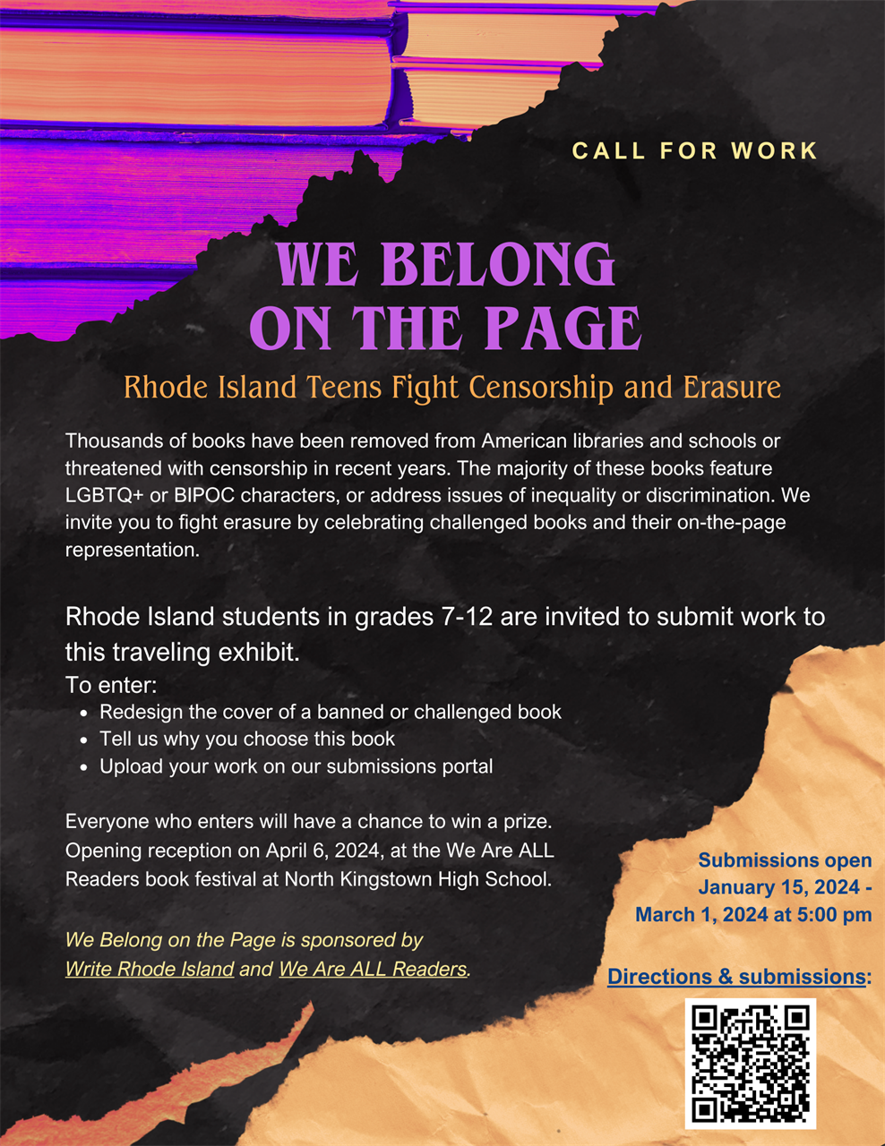 Poster for We Belong on the Page: Rhode Island Teens Fight Censorship and Erasure. RI students in grades 7 through 12 are invited to submit work to this traveling exhibit. Directions and submission information is on this page including links.